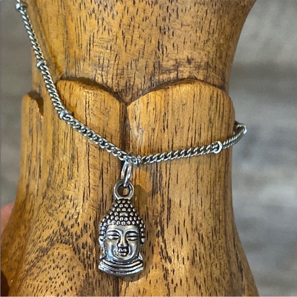 Silver Buddha Choker Necklace • Zen Meditation Spiritual Jewelry • Minimalist - Picture 4 of 7